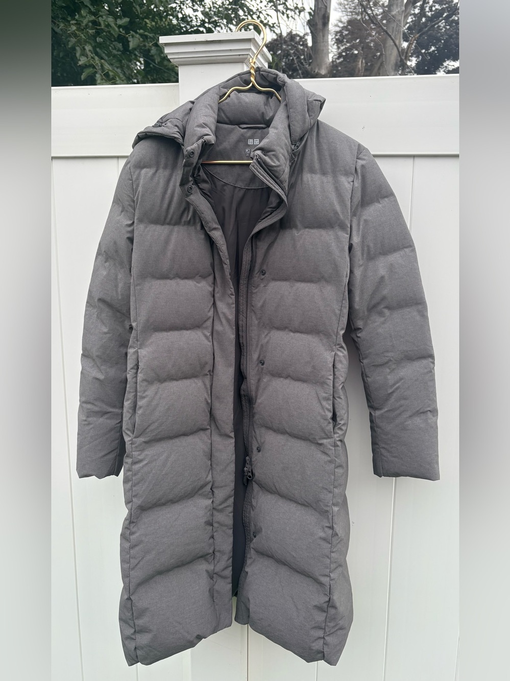 Uniqlo Women Seamless Down Long Coat Water Repellent Hooded Puffer Jacket Grey L